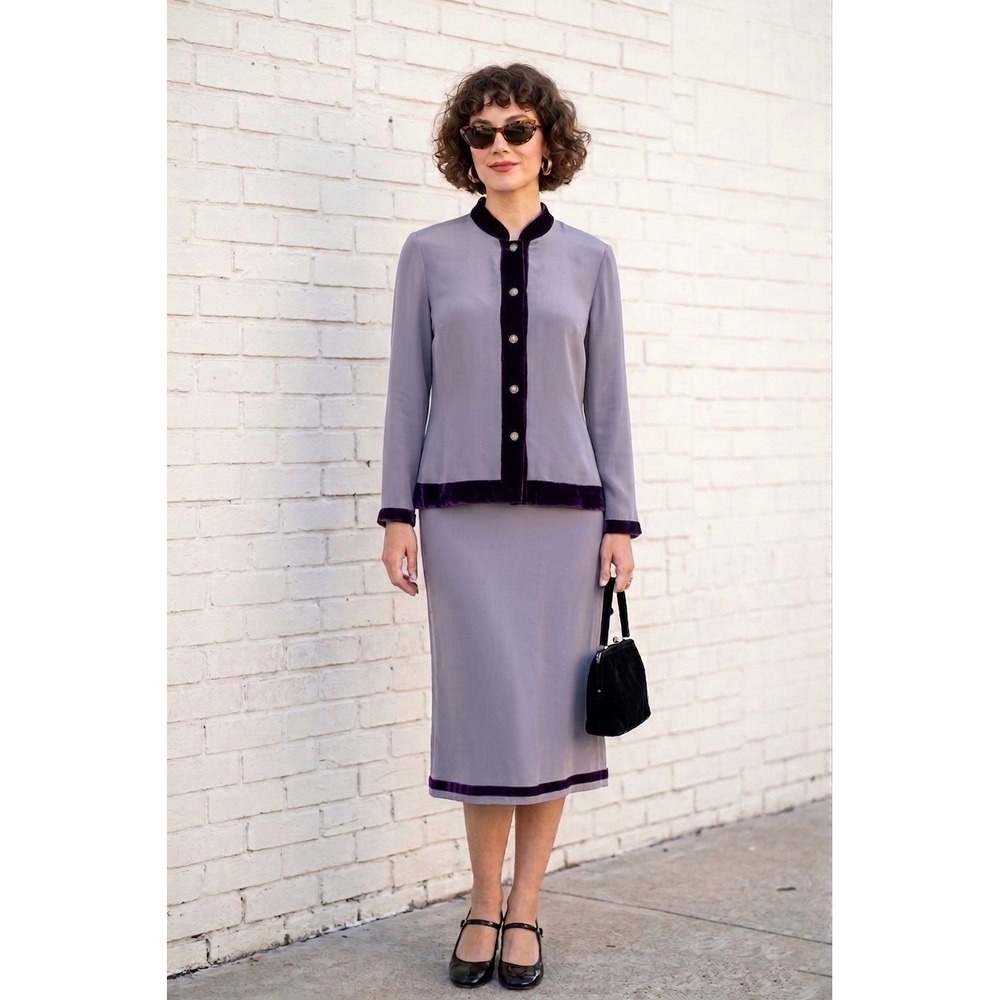 Vintage Silk Velvet 2-Piece Midi‎ Skirt Set Lavender Purple Retro Mod 90s Sz 14